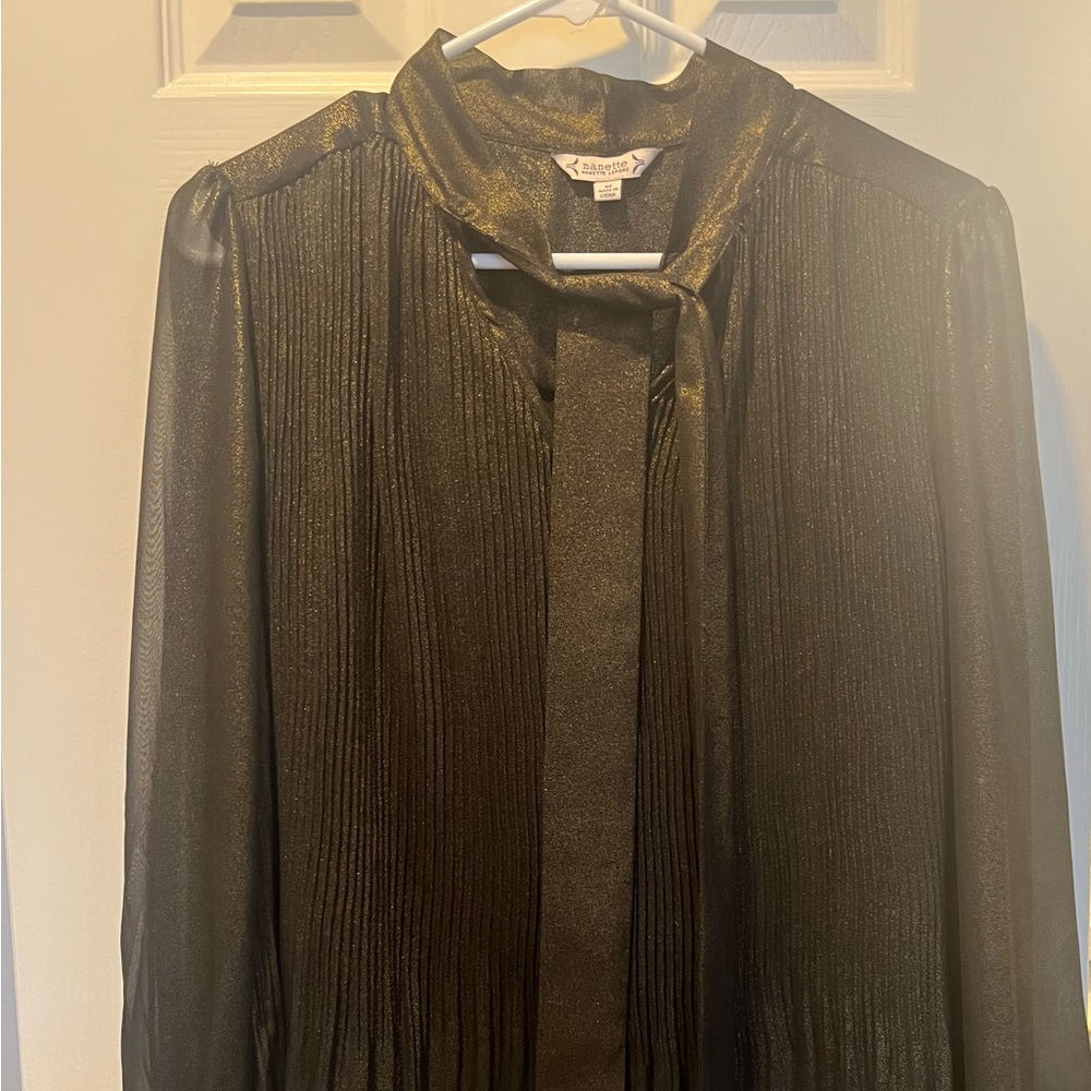 Brand New Nanette Lepore Black & Gold Shimmer Tie Neck Blouse Size Medium